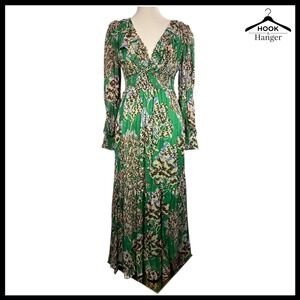 Anthropologie Odetta Ruffle DeepV Maxi Dress S Green Floral Spring Wedding Guest